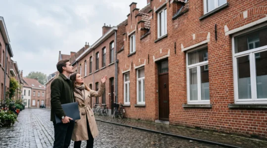Couple regardant une maison de style belge en briques rouges avant de finaliser un achat immobilier