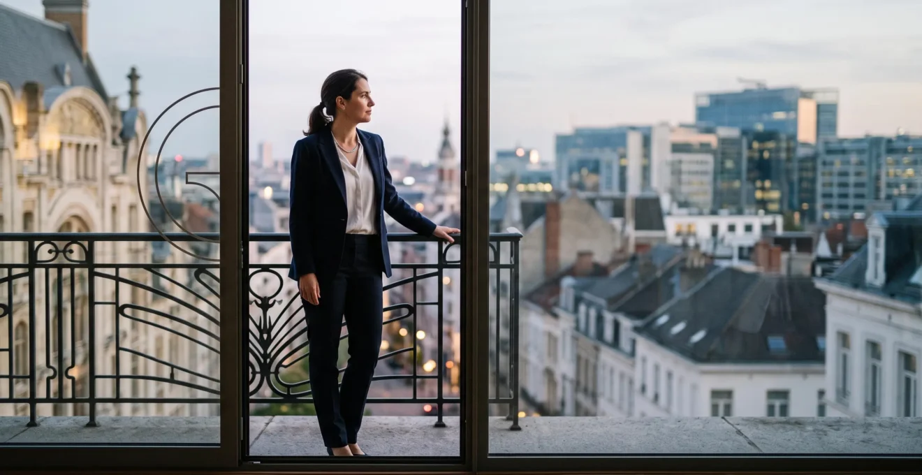 Professionnel se tenant à un seuil symbolique face à un paysage urbain bruxellois, illustrant la transformation de l'experience en levier de negociation salariale