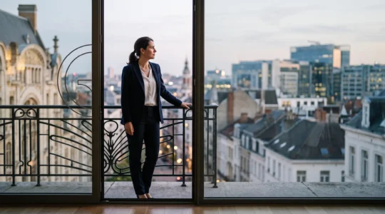 Professionnel se tenant à un seuil symbolique face à un paysage urbain bruxellois, illustrant la transformation de l'experience en levier de negociation salariale