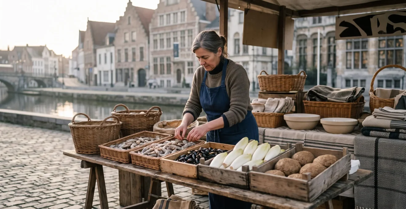 Étal de marché belge traditionnel garni de produits locaux authentiques, à l'écart des circuits touristiques