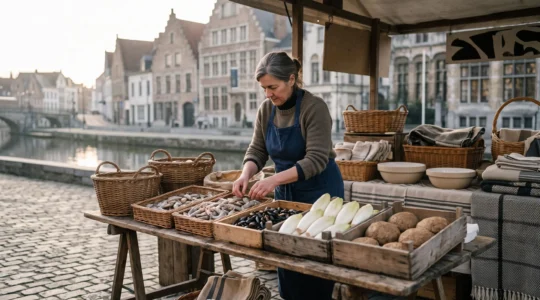 Étal de marché belge traditionnel garni de produits locaux authentiques, à l'écart des circuits touristiques