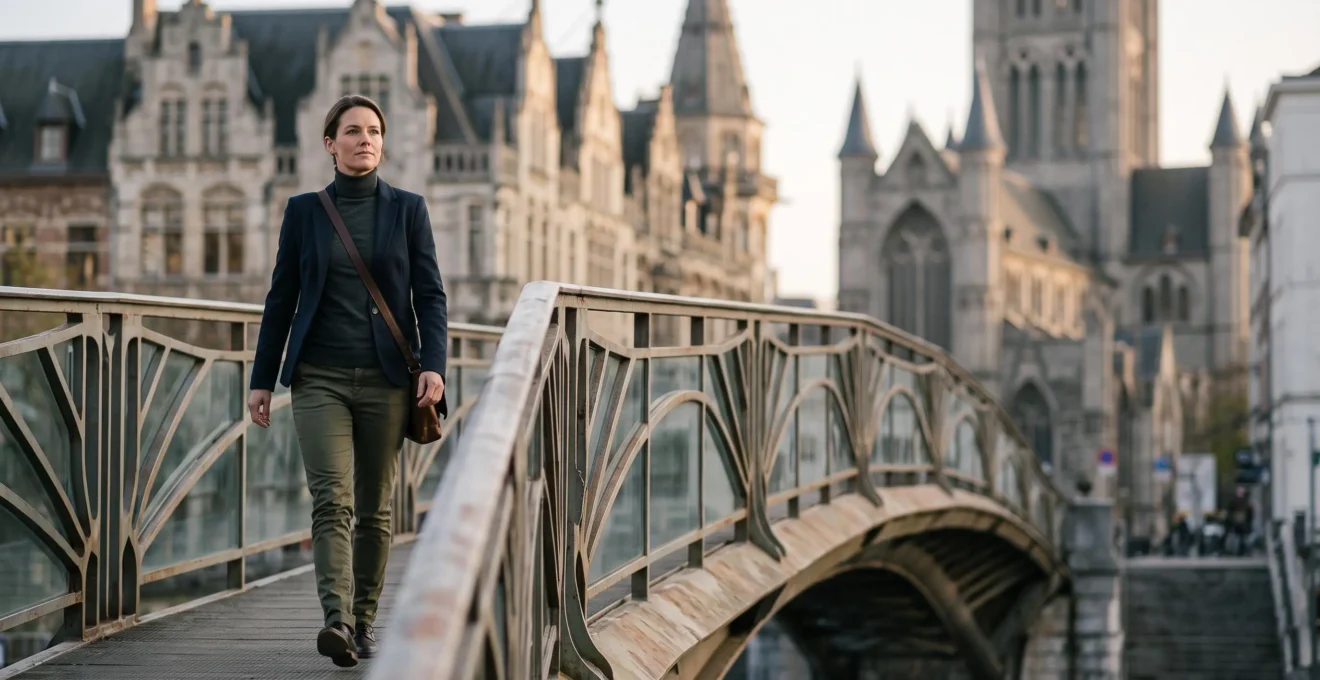 Jeune professionnel confiant traversant un pont métallique stylisé à Bruxelles, symbolisant une trajectoire de recherche d'emploi structurée et réussie en Belgique