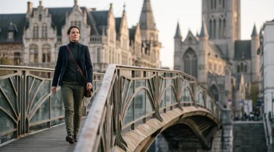 Jeune professionnel confiant traversant un pont métallique stylisé à Bruxelles, symbolisant une trajectoire de recherche d'emploi structurée et réussie en Belgique