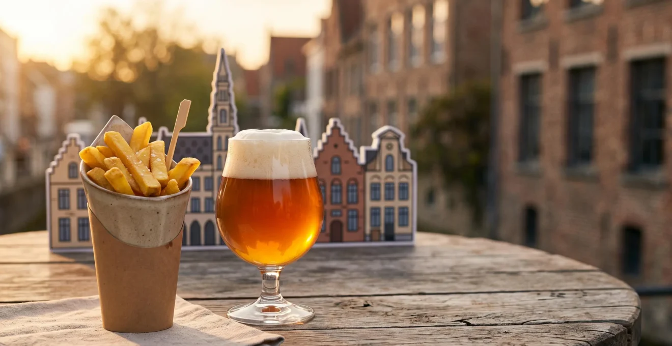 Cornet de frites, verre de bière et silhouette urbaine évoquant les symboles qui rassemblent toutes les communautés belges