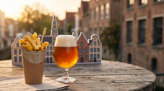 Cornet de frites, verre de bière et silhouette urbaine évoquant les symboles qui rassemblent toutes les communautés belges