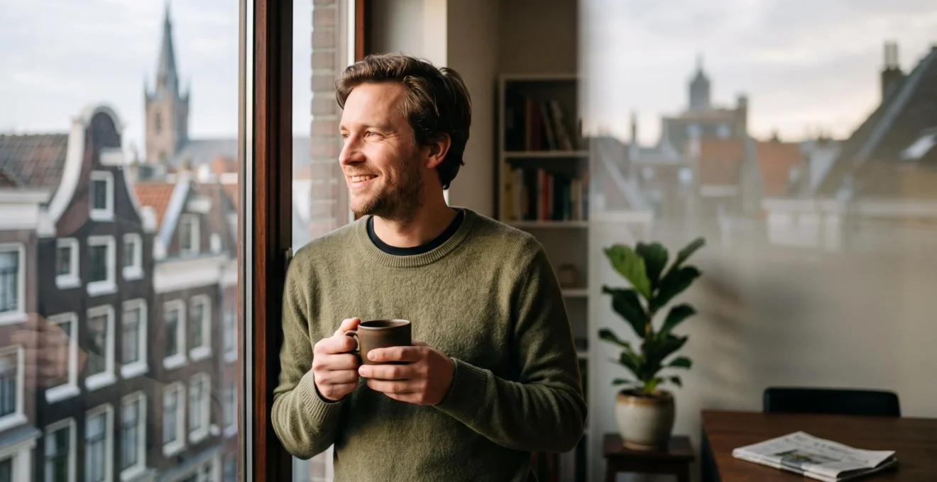 Travailleur belge souriant tenant une tasse de café devant une fenêtre donnant sur des toits typiques belges, symbolisant la découverte de jours de congé sectoriels méconnus