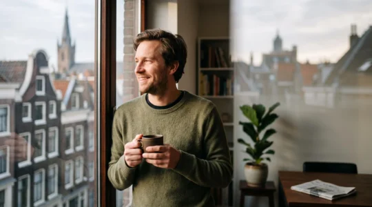 Travailleur belge souriant tenant une tasse de café devant une fenêtre donnant sur des toits typiques belges, symbolisant la découverte de jours de congé sectoriels méconnus