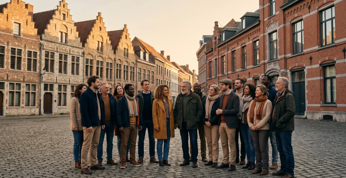 Illustration symbolisant la rencontre des trois communautés belges autour d'une campagne publicitaire commune, sur une place typique mêlant architectures flamande et wallonne.