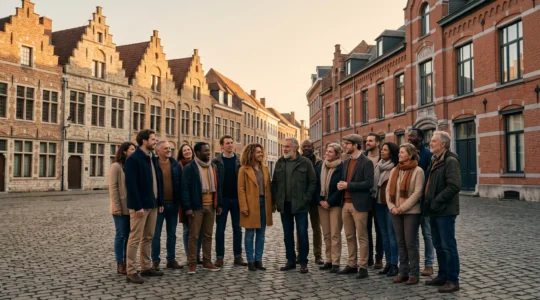Illustration symbolisant la rencontre des trois communautés belges autour d'une campagne publicitaire commune, sur une place typique mêlant architectures flamande et wallonne.