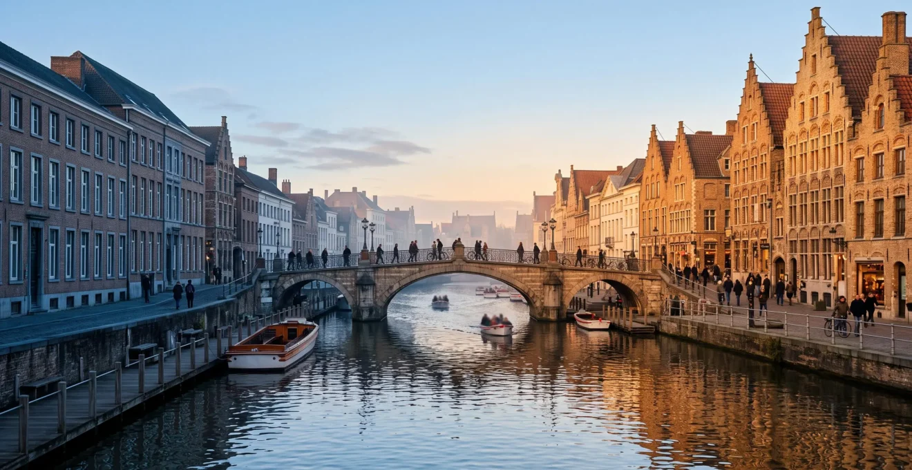 Vue panoramique symbolique d'une ville belge au crépuscule où deux ambiances architecturales distinctes se rencontrent harmonieusement autour d'un canal central