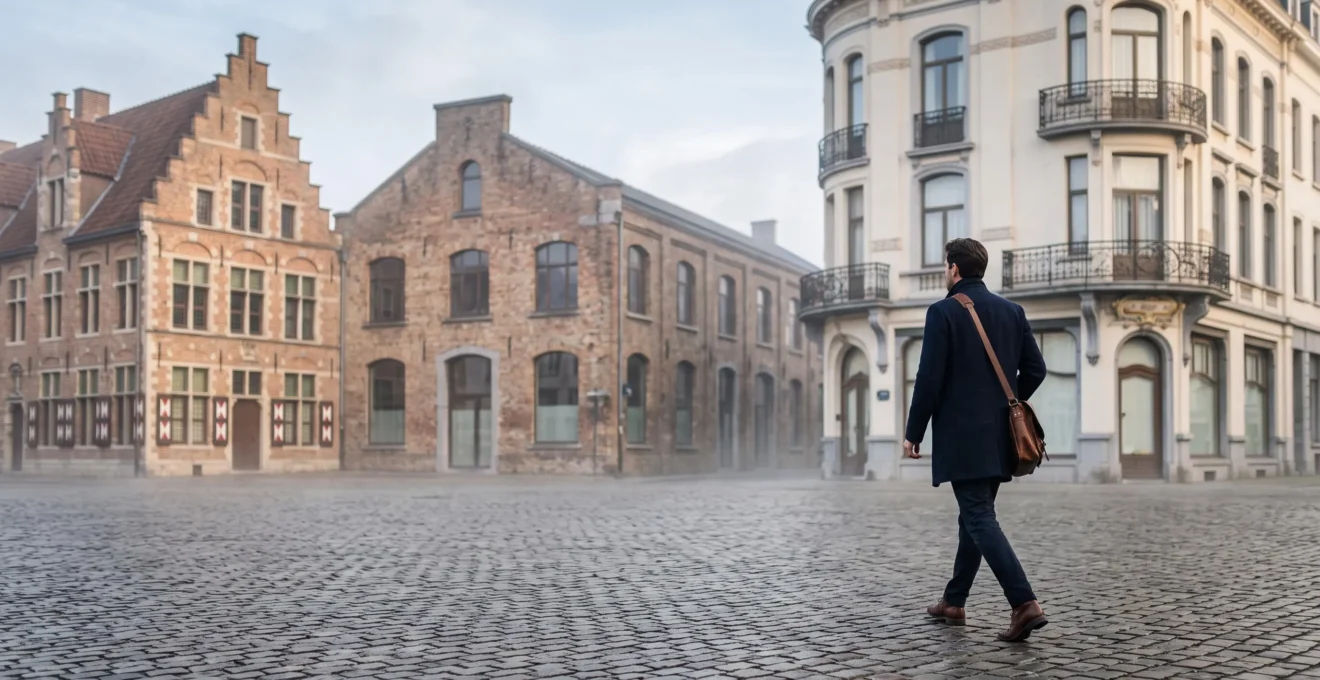 Illustration conceptuelle représentant l'unité entrepreneuriale entre les trois régions belges malgré leurs différences architecturales et culturelles
