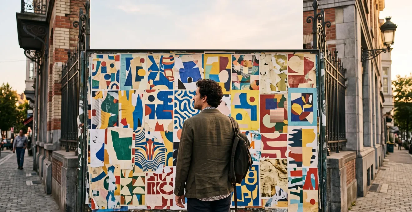 Une personne observe un mur dense d'affiches culturelles abstraites et colorées dans une rue bruxelloise, symbolisant la recherche d'événements en accord avec ses passions