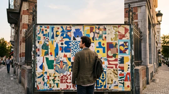 Une personne observe un mur dense d'affiches culturelles abstraites et colorées dans une rue bruxelloise, symbolisant la recherche d'événements en accord avec ses passions